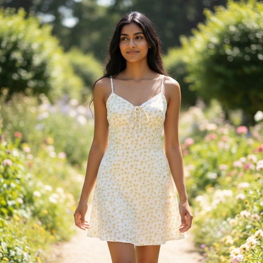 ROMWE Cream Babydoll Milkmaid Daisy Floral Tie Front Mini‎ Dress Sz 8 Y2k 90s